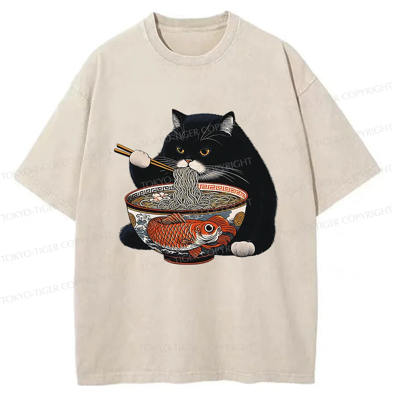 Tokyo-Tiger Fat Cat Eating Ramen Washed T-Shirt