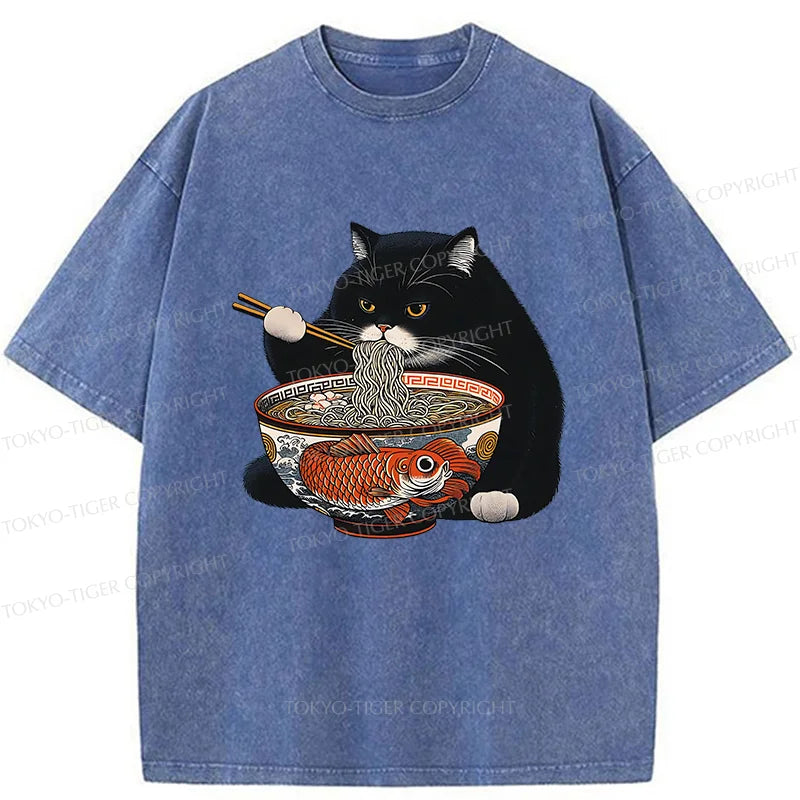Tokyo-Tiger Fat Cat Eating Ramen Washed T-Shirt