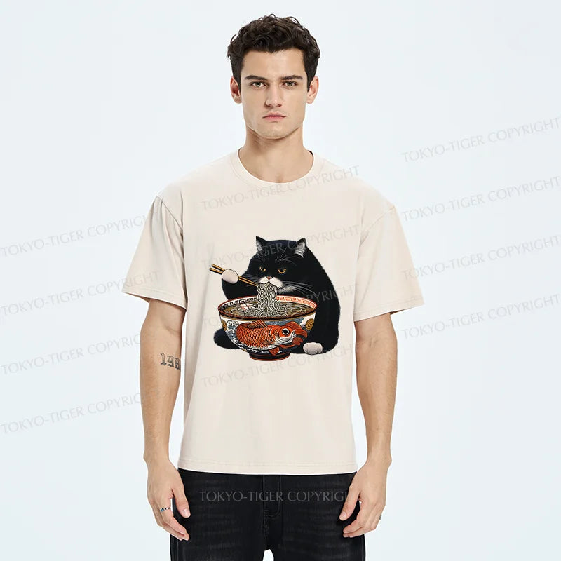 Tokyo-Tiger Fat Cat Eating Ramen Washed T-Shirt