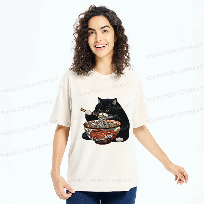 Tokyo-Tiger Fat Cat Eating Ramen Washed T-Shirt