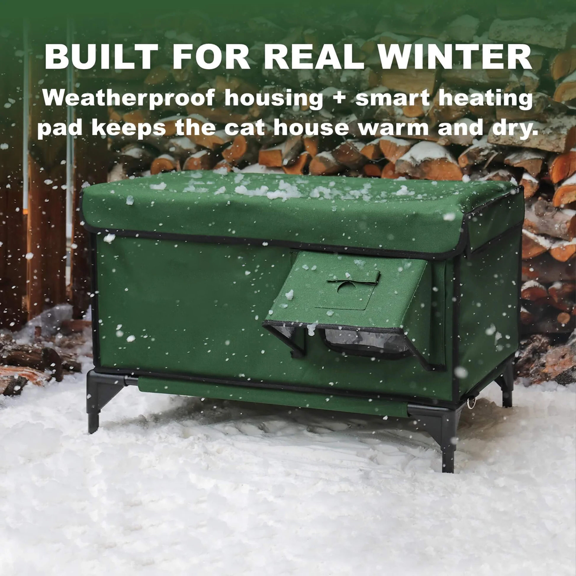 Classic Box Heated Outdoor Cat House | Large-Green (Custom Cat Patch)