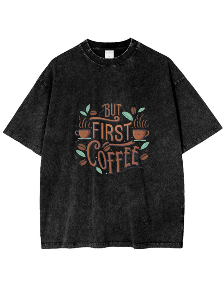 Letter Coffee Print Acid Wash Oversize T-Shirt