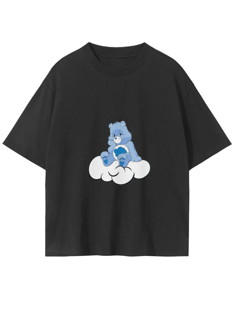 Cartoon Blue Bear Drop Shoulder Seamless T-Shirt