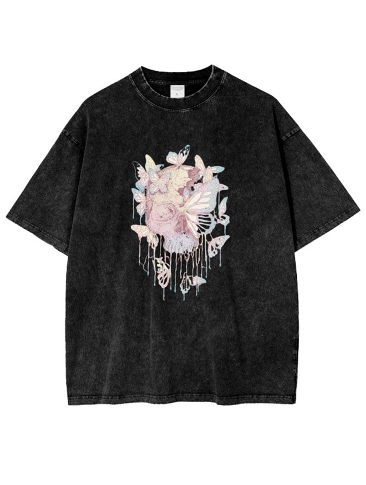 Butterfly Skull Print Acid Wash Oversize T-Shirt