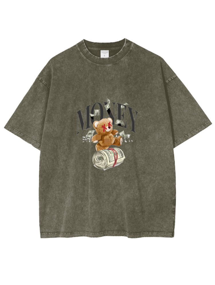 Bear Banknote Print Acid Wash Oversize T-Shirt