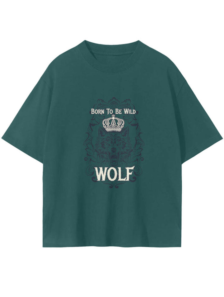 Wolf Head Crown Print Drop Shoulder Seamless T-Shirt