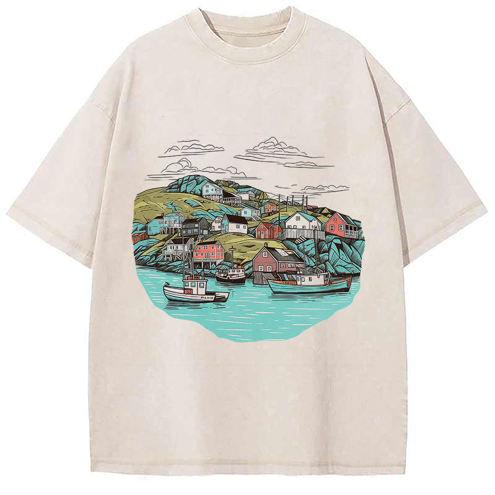 Fishing Town Illustration T-Shirt