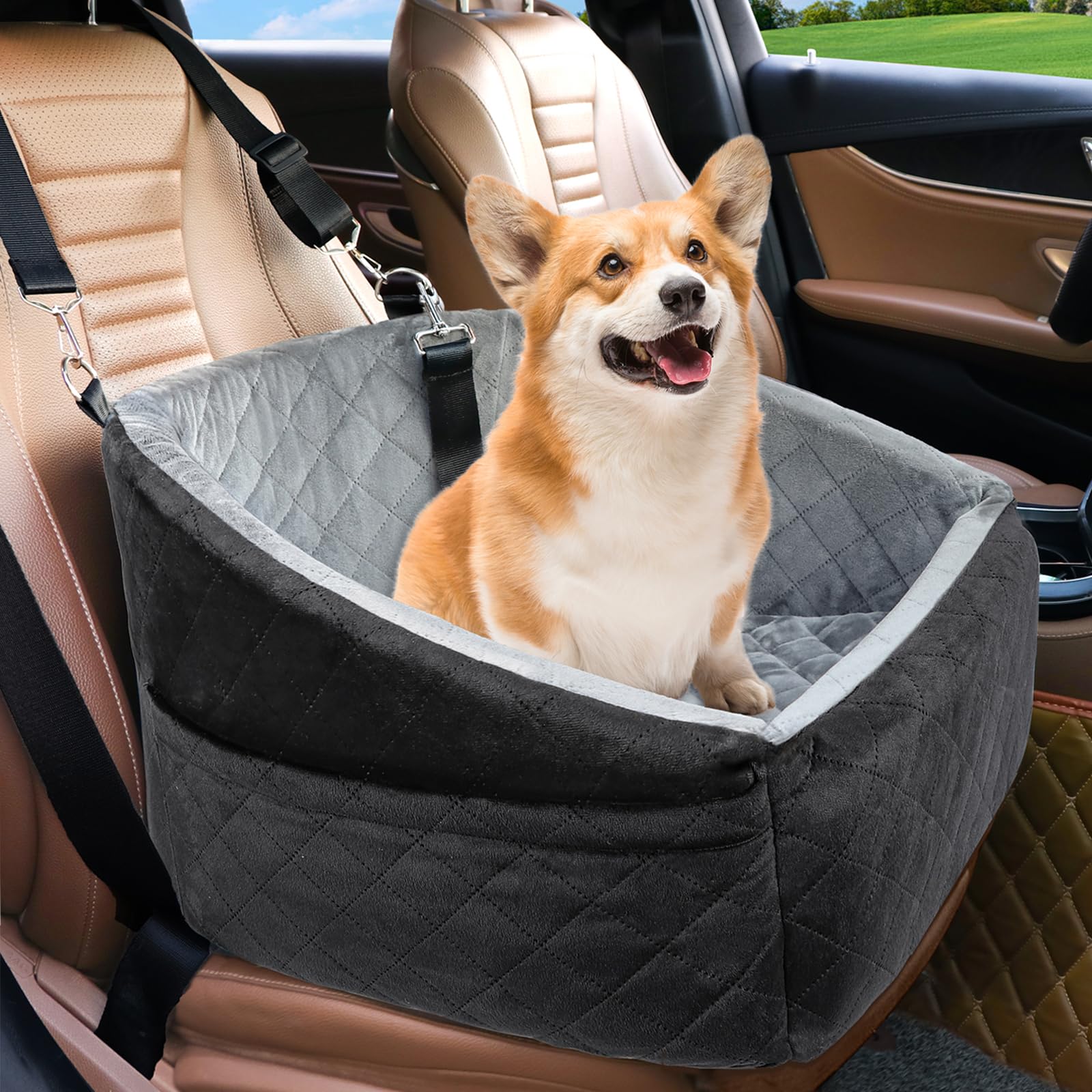 Dog Car Seat for Small Medium Dogs,Detachable Washable Dog Booster Seat Under 30lbs, Pet Car Seat Travel Bed with Storage Pockets and Dog Safety Belt