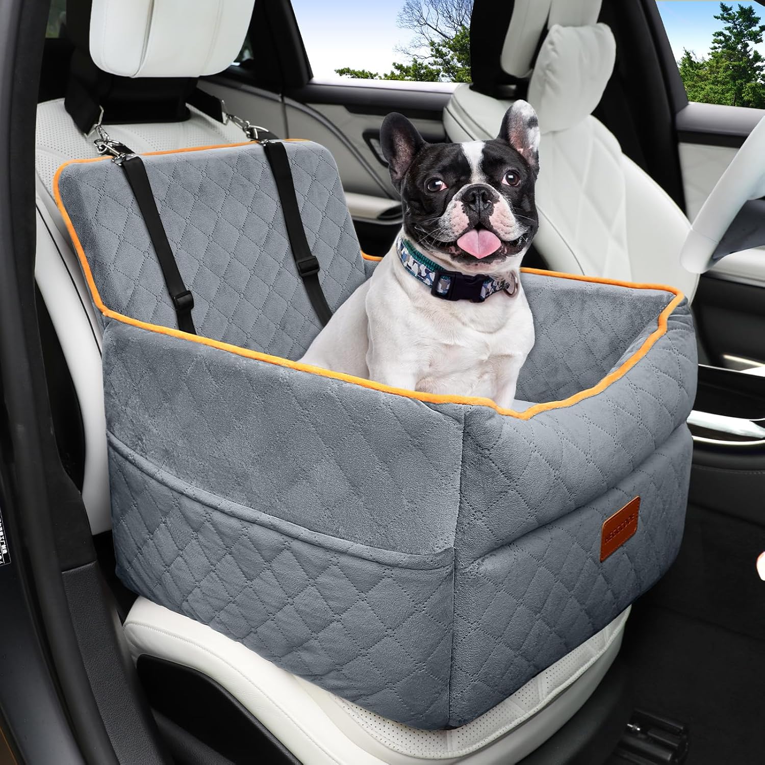 Small Dog Car Seat, Memory Foam Dog Booster Car Seats with Thick Cushion for Medium Dogs Under 35lbs, Detachable Washable Dog Bed for Car, Pet Carseat with Storage Pockets,2 Safety Belts