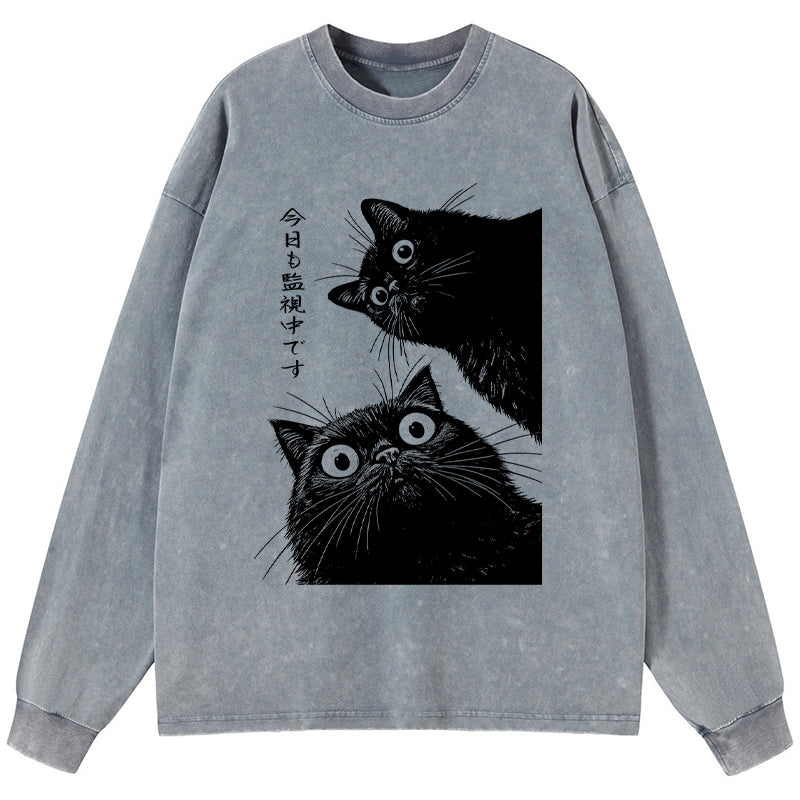 Tokyo-Tiger The Cat Is Watching Today Washed Long Sleeve T-Shirt