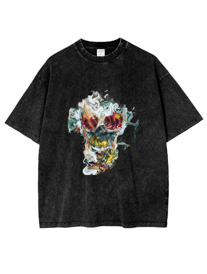 Burning Skull Print Acid Wash Oversize T-Shirt