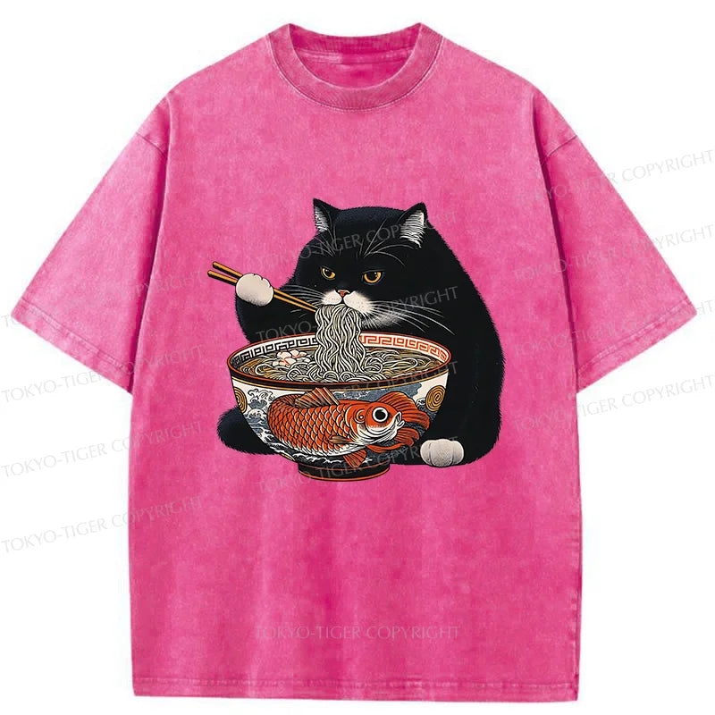 Tokyo-Tiger Fat Cat Eating Ramen Washed T-Shirt