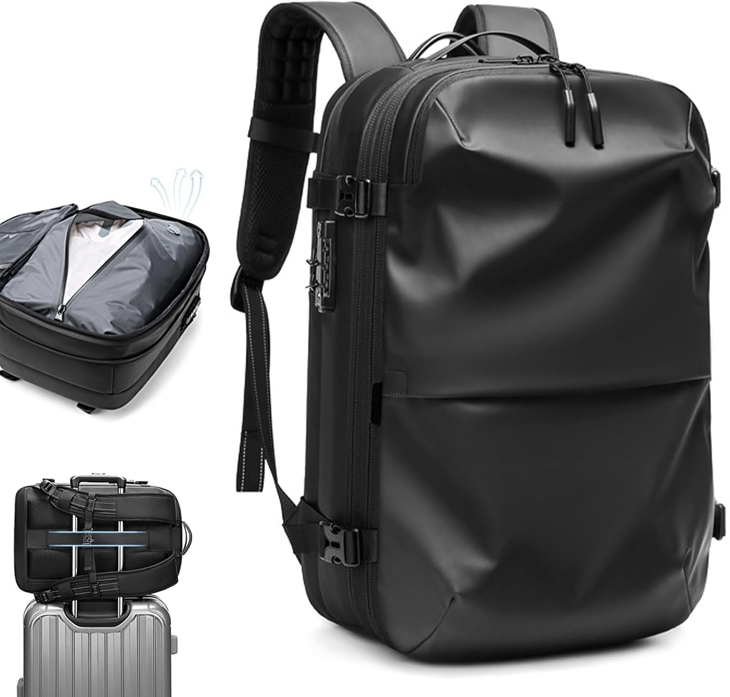 Airbag Backpack Vacuum, 60L Expandable Backpack with Vacuum Compression, Water Resistant, Anti Theft Travel Vacuum Backpack (Black 2.0)