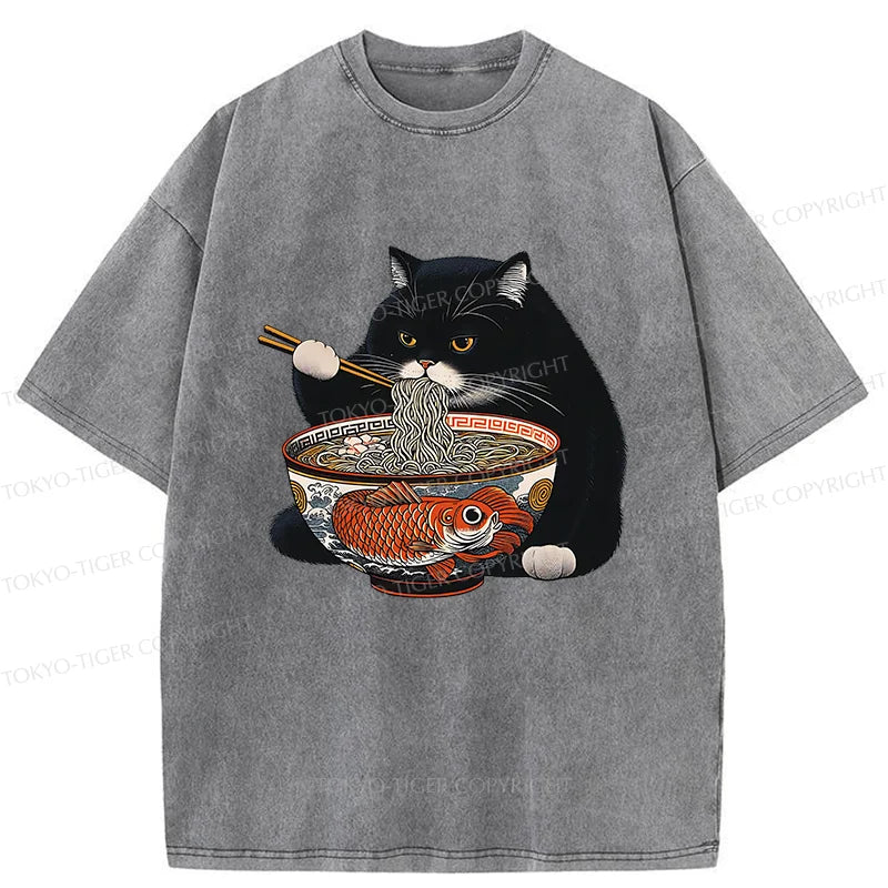 Tokyo-Tiger Fat Cat Eating Ramen Washed T-Shirt
