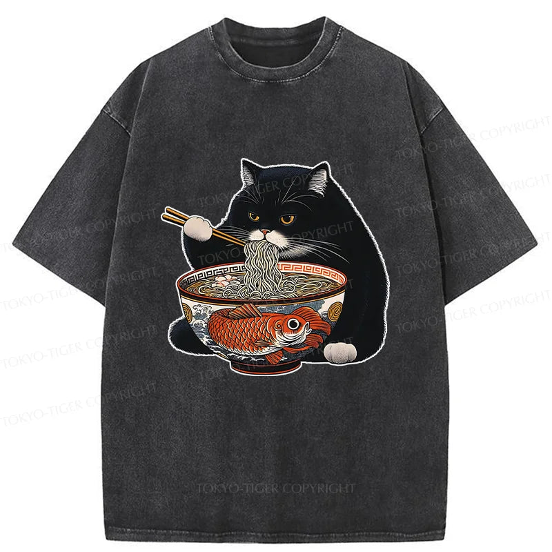 Tokyo-Tiger Fat Cat Eating Ramen Washed T-Shirt
