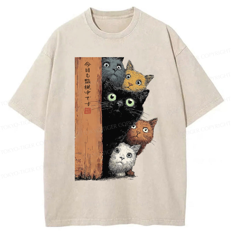Tokyo-Tiger Five Cats Are Watching You Washed T-Shirt