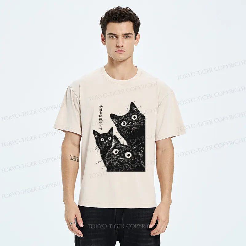 Tokyo-Tiger Three Cats Are Watching You Today Washed T-Shirt