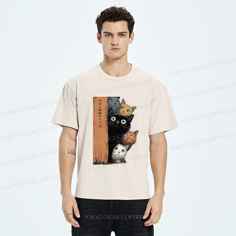 Tokyo-Tiger Five Cats Are Watching You Washed T-Shirt